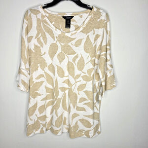 Ali Miles Womens Medium Linen Blend Tunic Top Brown White Leaves Lightweight